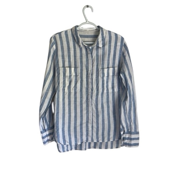 MANGO Women’s Striped Linen Long Sleeve Button Down Casual Shirt Large EUC - Picture 1 of 8